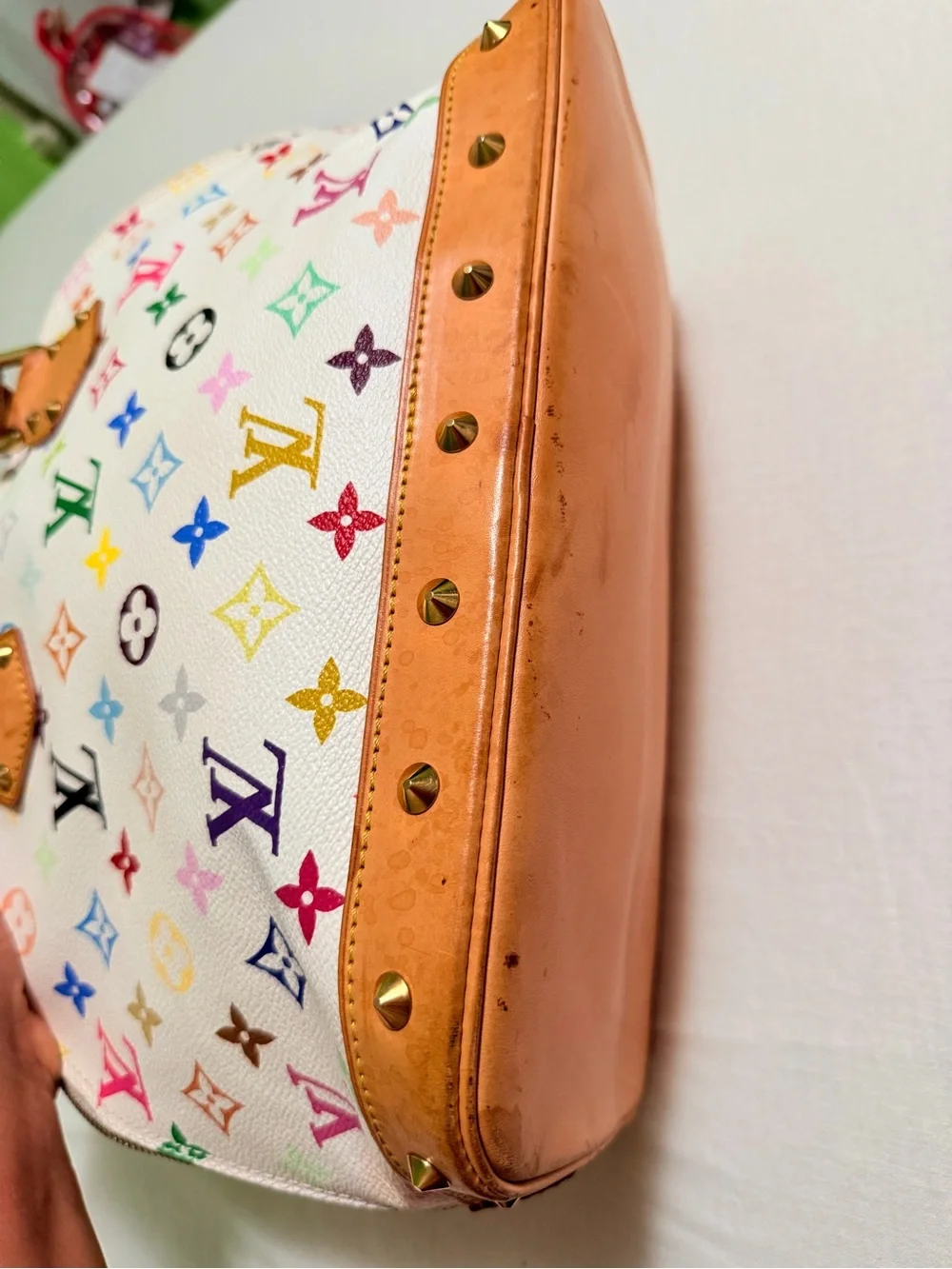 Louis Vuitton White Multicolor Monogram Alma Satchel with Tan Trim